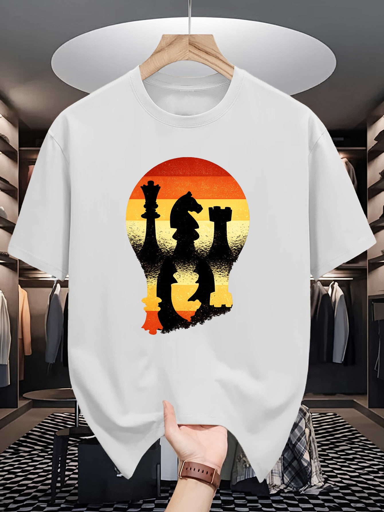 Retro Gaming T Shirts - Chess Silhouette Sunset Lightbulb Print Mens