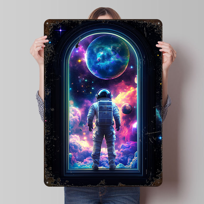 Retro Gaming Space - Astronaut in Space Window Metal Poster